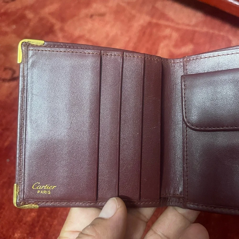 Cartier Bordeaux Red leather wallet vintage square bifold compact.